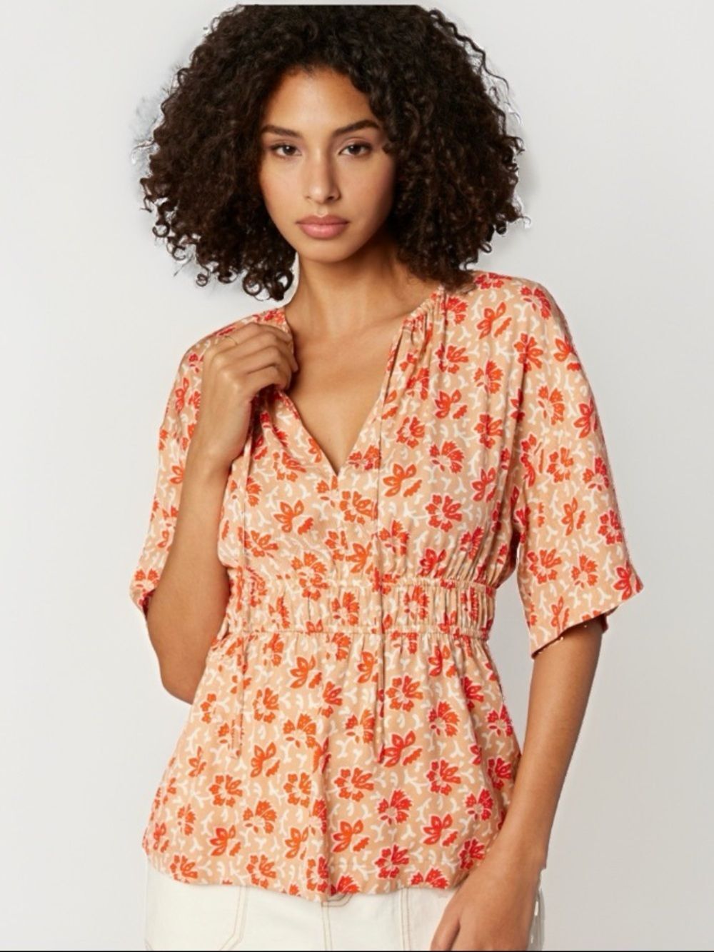 Joie Renae Floral Peplum Blouse 70s Retro Print Size 1X Coral and Beige NWT